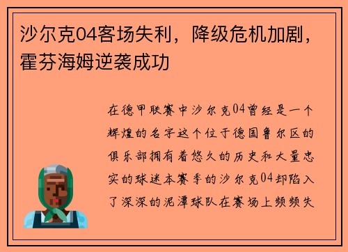 沙尔克04客场失利，降级危机加剧，霍芬海姆逆袭成功